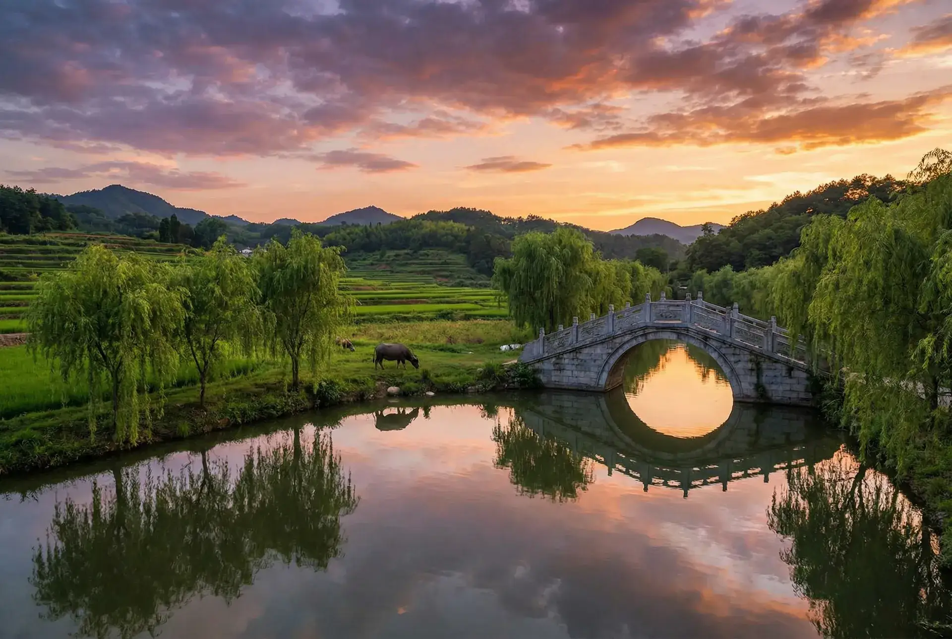 夕阳下的石拱桥与垂柳，水牛在河边吃草 - 美丽的契约电视剧全集 乡村美景